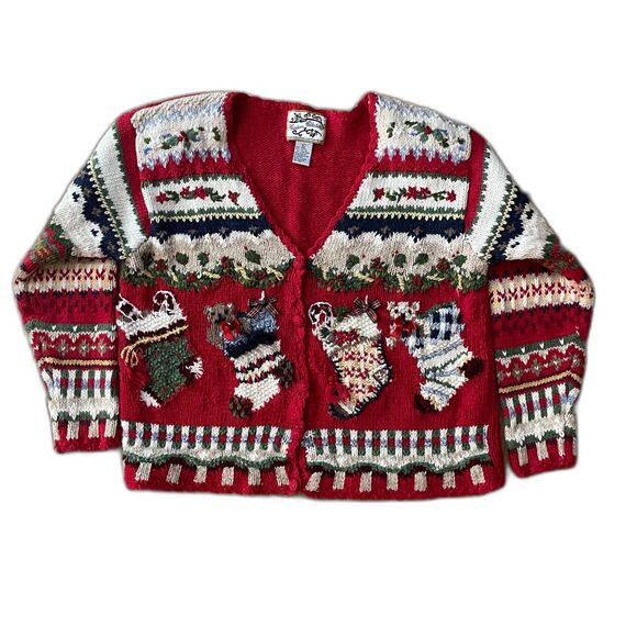 Vintage 1990s Heirloom Collectibles Christmas Cardigan Sweater L Red Knit - Picture 2 of 14